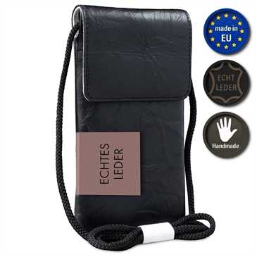 XiRRiX Echt Leder Handy Umhängetasche mit Fächer, Innenmaß: 163 x 83 x 12 mm (4XL), Schwarz (faltig)