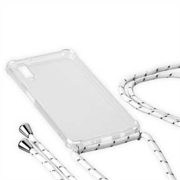 Umhängetasche Handykordel weiß-grau für Samsung Galaxy A50, TPU Tasche mit Kantenschutz, transparent