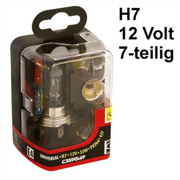 Auto Ersatzlampenset H7 12 Volt 7-teilig in einer stabilen Kunststoffverpackung
