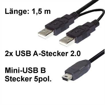 USB Mini-Y-Kabel 1,5 m - 2x USB A Stecker 2.0 auf Mini USB B Stecker 5pol. - 1,5 m - schwarz