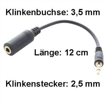 Stereo Klinke Ohrhörer-Adapter 12 cm - Klinkenstecker 2,5 mm > Klinkenbuchse 3,5 mm, Länge: 12 cm