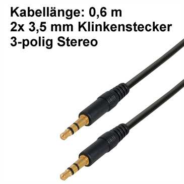 Audiokabel Stereo 0,6 m - 3,5mm Klinkenstecker 3pol. > 3,5 mm Klinkenstecker 3pol. - Schwarz