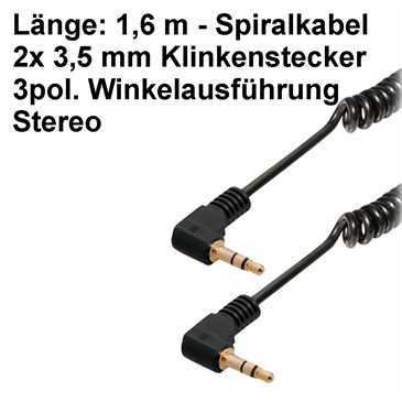 Audio Spiralkabel Stereo 1,6 m, 3,5 mm Winkel-Klinkenst. 3pol. > 3,5 mm Winkel-Klinkenst. 3pol. - sw