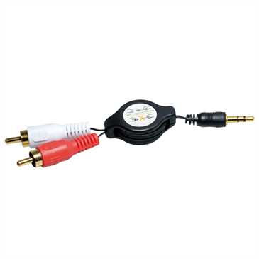 Stereo-Aux-Kabel Aufrollbox 0,8 m mit Spule 3,5-mm-Klinke auf 2x mal Cinch-Stecker goldfarben