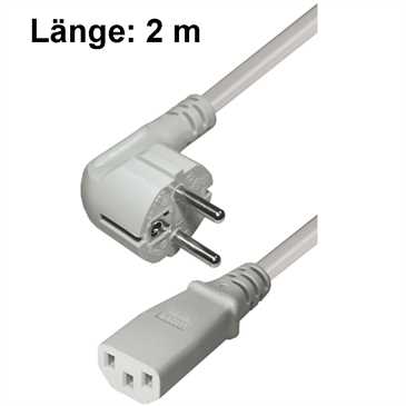 Stromkabel 2 m - Winkel Schutzkontakt-Stecker auf Kaltgeräte-Kupplung IEC 320 C13 - grau