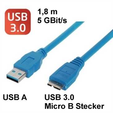 USB Daten-/ Ladekabel 1,8 m - 5 GBit/s -USB 3.0 - USB A Stecker > USB 3.0 Micro B Stecker - blau