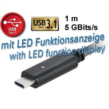 USB Daten-/ Ladekabel 1 m, 5 GBit/s, USB C Stecker > USB A Stecker 3.1 (Gen1), LED-Anzeige, schwarz