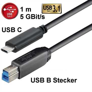 USB Daten-/ Ladekabel 1 m - 5 GBit/s - USB C Stecker > USB B 3.1 (Gen1) Stecker - 1 m - schwarz