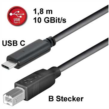 USB Daten-/ Ladekabel 1,8 m - 10 GBit/s - USB C Stecker > USB B 2.0 Stecker - 1,8 m - schwarz