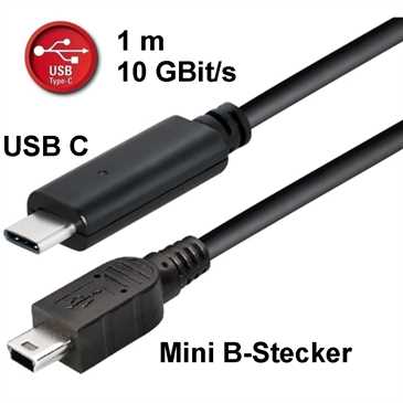 USB Daten-/ Ladekabel 1 m - 10 GBit/s - USB C Stecker > USB B Mini 2.0 Stecker - 1 m - schwarz