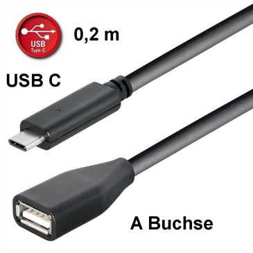 USB Daten-/ Ladekabel 0,2 m - USB C Stecker > USB 2.0 A Buchse - 0,2 m - schwarz