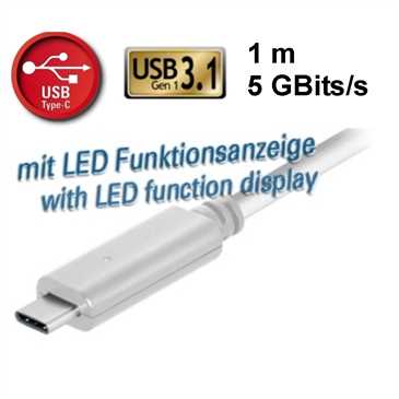 USB Daten-/ Ladekabel 1 m, 5 GBit/s, USB C Stecker > USB 3.1 (Gen1) A Stecker, LED-Anzeige, weiß