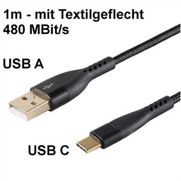 USB Daten-/ Ladekabel 1 m - 480 MBit/s - mit Textilmantel - USB C Stecker > USB 2.0 A Stecker