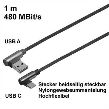 USB Daten-/ Ladekabel 1m, 480 MBit/s, USB 2.0 A Winkelstecker >USB C Winkelstecker, Nylongewebe, sw