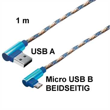 USB Daten-/ Ladekabel 1 m - USB 2.0 A Winkelstecker an USB B Micro Winkelstecker (Reversibel), Blau