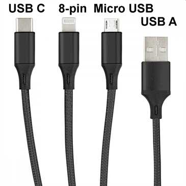 3in1 Ladekabel 1,2 m 1x USB C/ 1x 8-pin/ 1x Micro USB, L: 120 cm Al-Gehäuse, Nylon ummantelt, 2A, sw