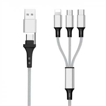 6in1 USB-Ladekabel 1,2 m, 1x USB/USB C Kombistecker auf USB C, 1x USB C, 1x 8pin, 1x Micro U, silber