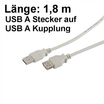 USB Verlängerungs-Kabel - 1,8 m - USB A Stecker auf USB A-Kupplung - USB 2.0 - grau