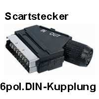 Scart-Stecker auf 6-pol.-DIN-Kupplung Stereo mit Umschalter Audio: stereo, mit IN / OUT Schalter