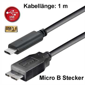 USB Daten-/ Ladekabel 1 m - USB C Stecker an USB 3.1 (Gen2) Mikro B Stecker - bis zu max. 10 GBit/s