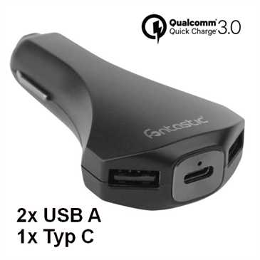Fontastic Auto USB Quick Charge 3.0 - 9/24V - 2x USB A + 1x USB C - Output: 3.6-12V 3A - 18 Watt