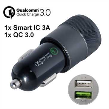 Auto Dual Schnell Ladeadapter - 12/24V Quick Charge 3.0 - Output: Smart IC 3A & QC 3.0 - schwarz