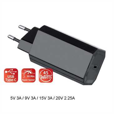 Netzteil 45W USB C Buchse - Fast Charge 3 & Power Delivery 5V3A/ 9V3A/ 15V3A/ 20V2.25A, schwarz