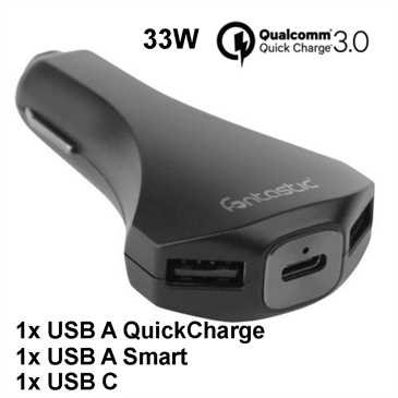 Fontastic USB Auto Quick Charge 3.0 - 9/24V - 2x USB A + 1x USB C - Output: 3.6-12V3A, max 33 Watt