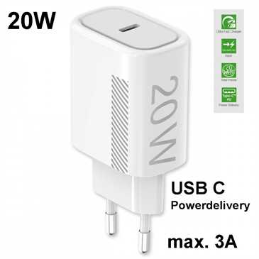 Netzteil 20W USB C Schnell-Reiselader Power Delivery - 20W - max. 3A - 12V/9V/5V - weiß