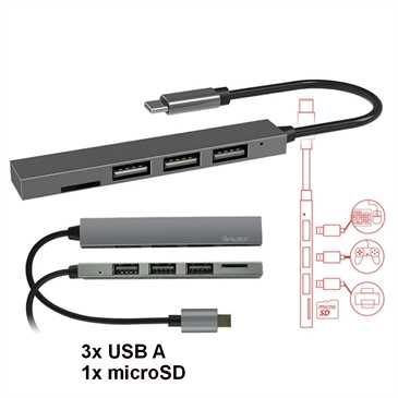 USB C Hub mit 3x Standard-USB A 2.0 Anschlüssen und 1x MicroSD Kartenleser