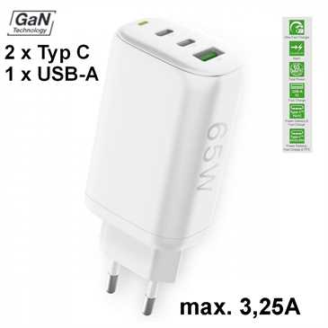 Netzteil 65W GaN USB C PD + USB-A FC3 GaN 65W Power Delivery, Fast Charge 3, max.3.25A, weiß