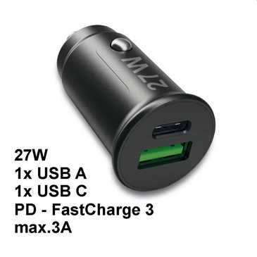 Auto Dual Schnell Ladeadapter 27 Watt - 12/24V - USB A + USB C PD - Fast Charge 3, max. 3A, schwarz