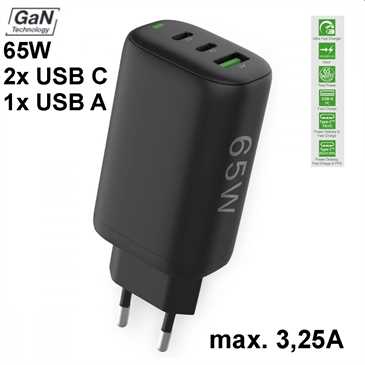 Netzteil 65W GaN 2x USB C PD + USB A FC3 GaN 65W Power Delivery, Fast Charge 3, max.3.25A, schwarz