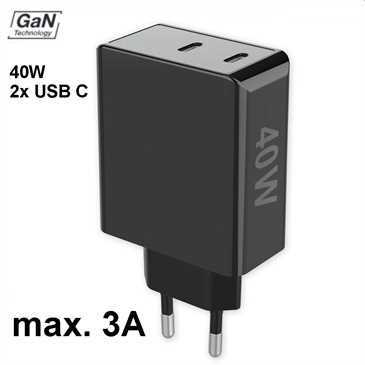 Netzteil 40W GaN 2 x USB C, Power Deliver, 40W max.3A, Ganto40, schwarz