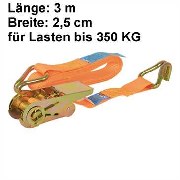 Spanngurt Zurrgurt mit Ratsche & Haken - 300 x 2,5 cm - für Lasten bis 350 kg - Farbe: orange